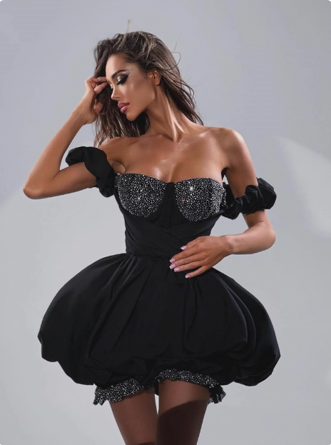 Strapless Black Puffy Rhinestone Mini Dress