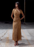 kimberley Gold Rhinestone Drape cutout Maxi Dress