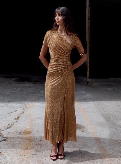 kimberley Gold Rhinestone Drape cutout Maxi Dress