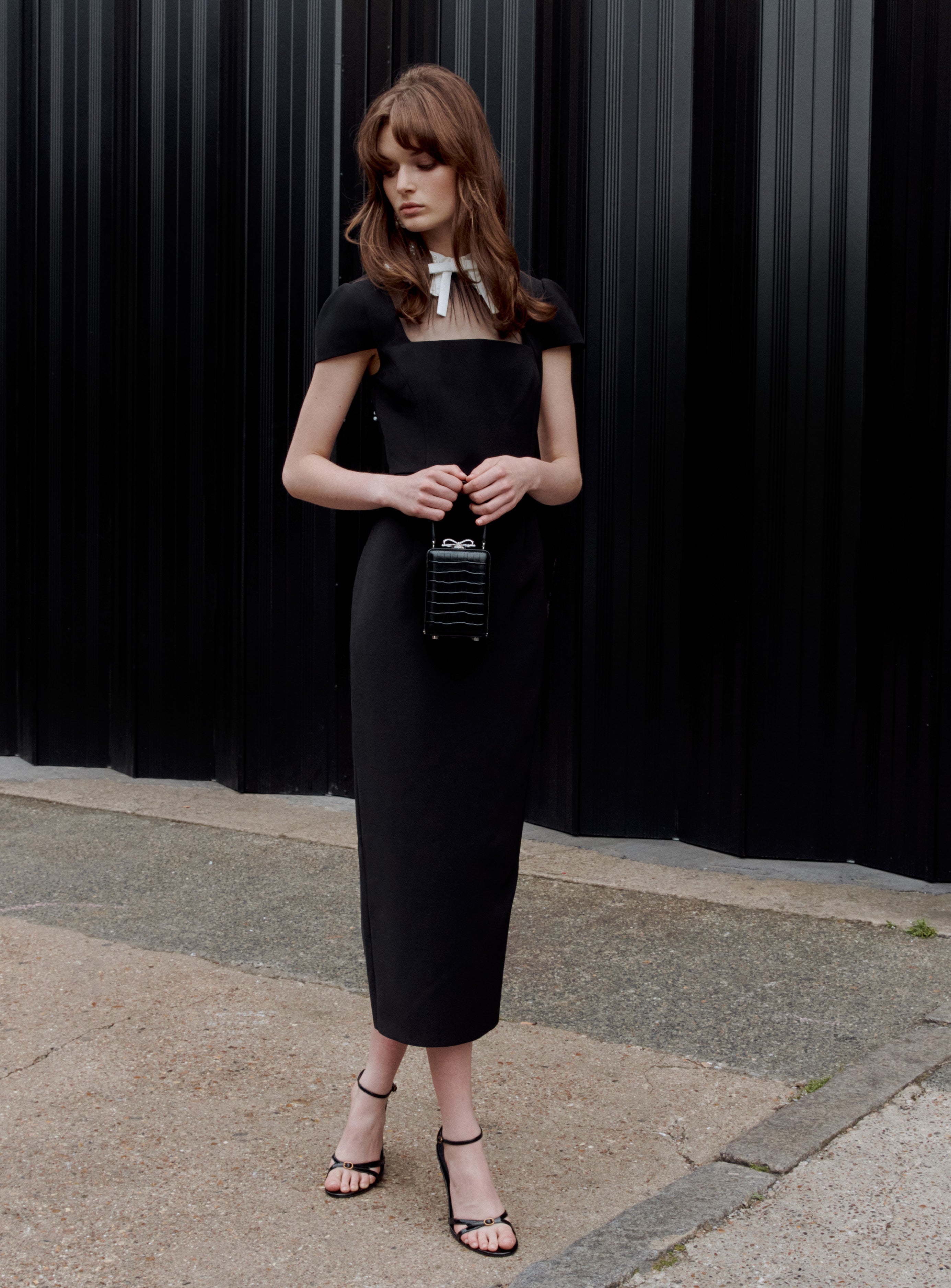 trista Black Crepe Bow Collar Midi Dress