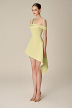 anila Asymmetric Off-Shoulder Mini Dress in Nuggets Green