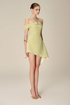 anila Asymmetric Off-Shoulder Mini Dress in Nuggets Green