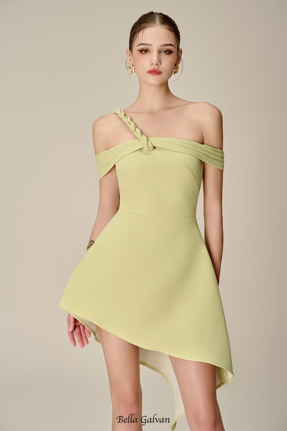 anila Asymmetric Off-Shoulder Mini Dress in Nuggets Green