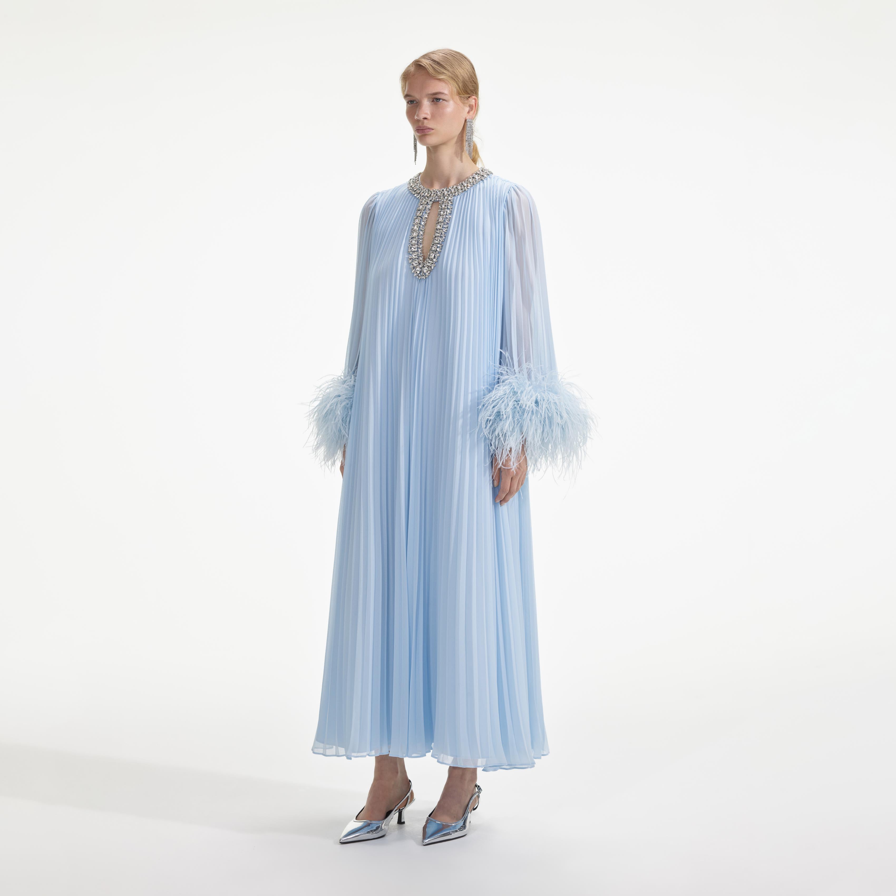 Flowering Girl Women Blue Chiffon Feather Midi Dress