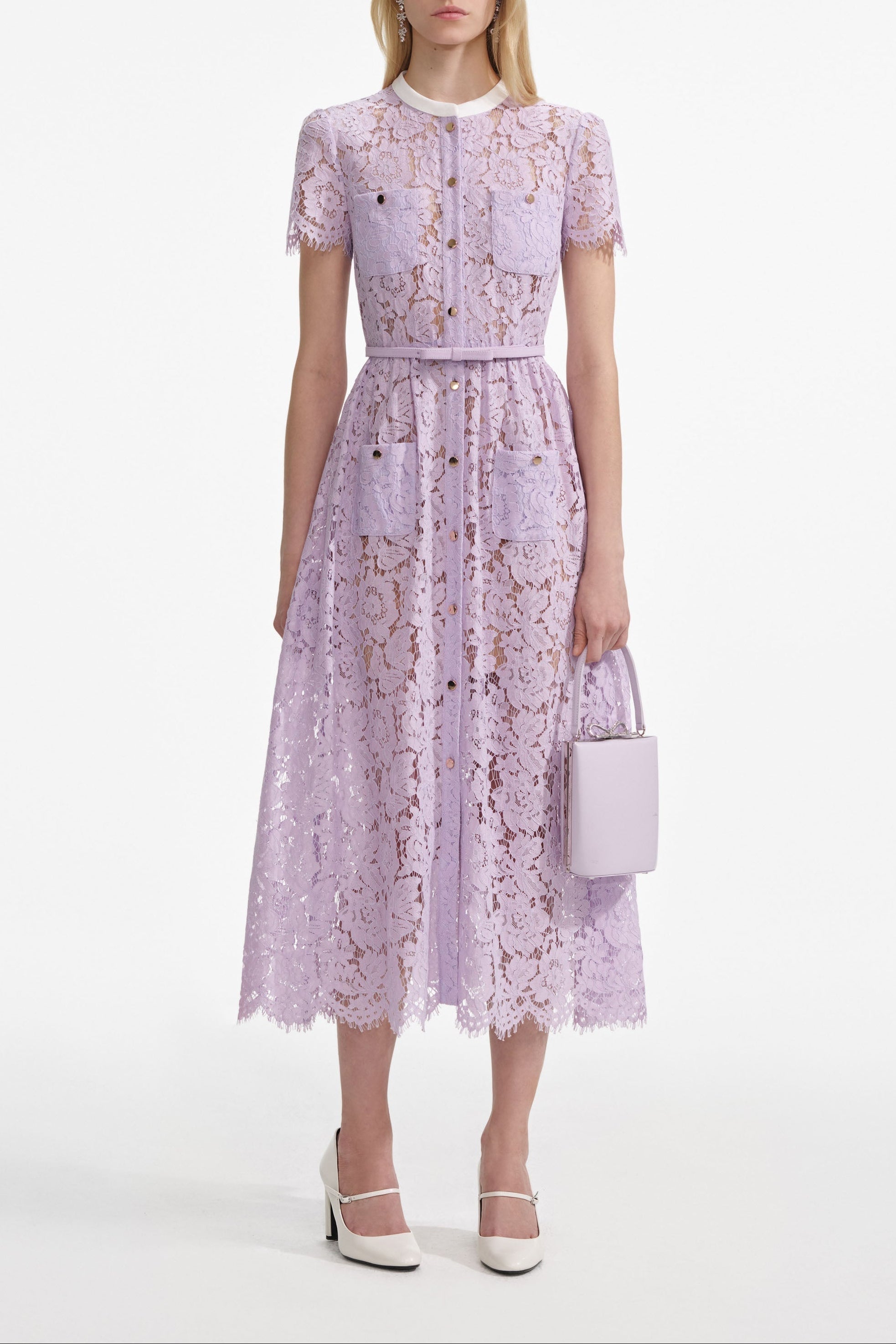 Lilac Lace Button Front Midi Dress
