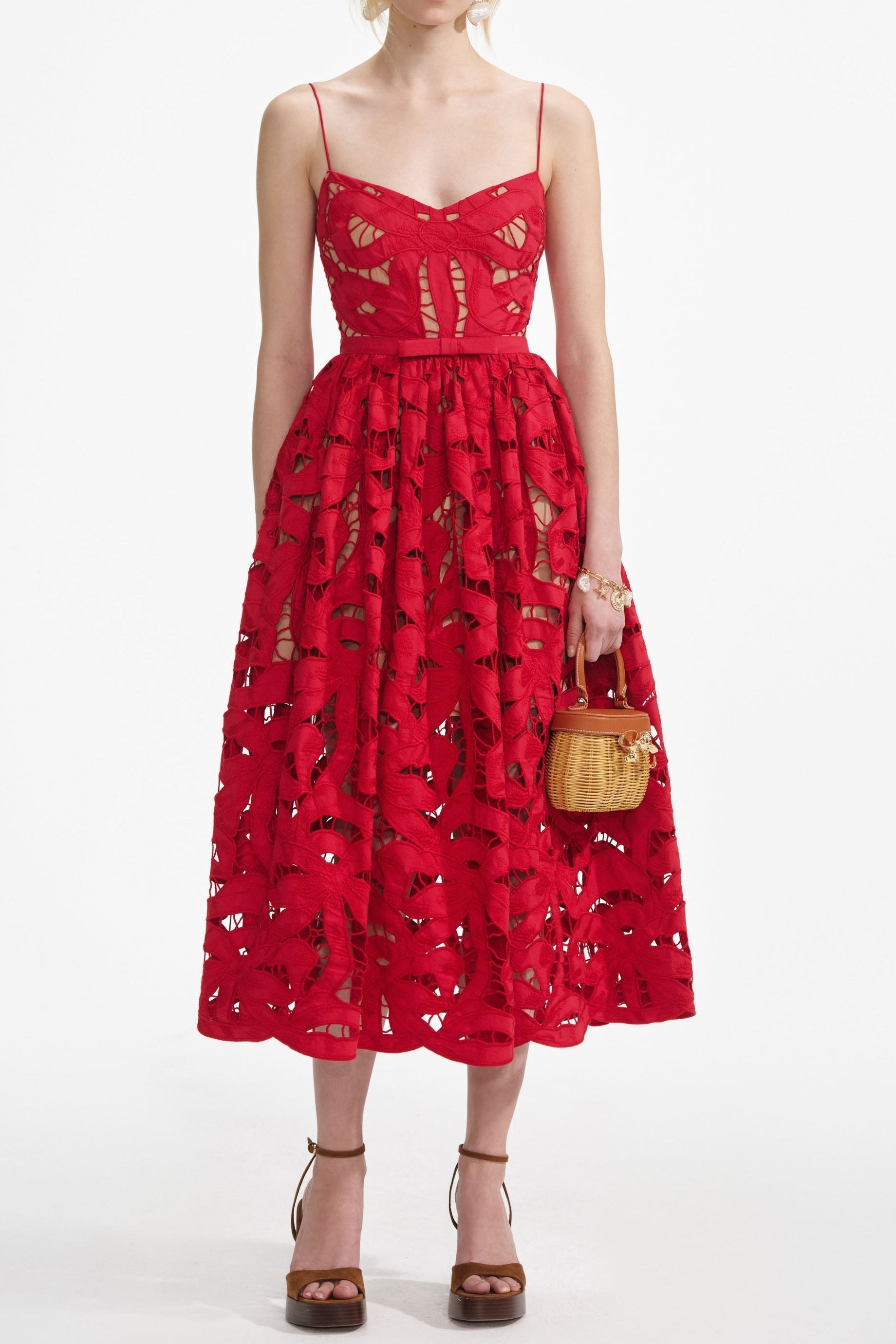 Wendy Red Bow Embroidered Midi Dress