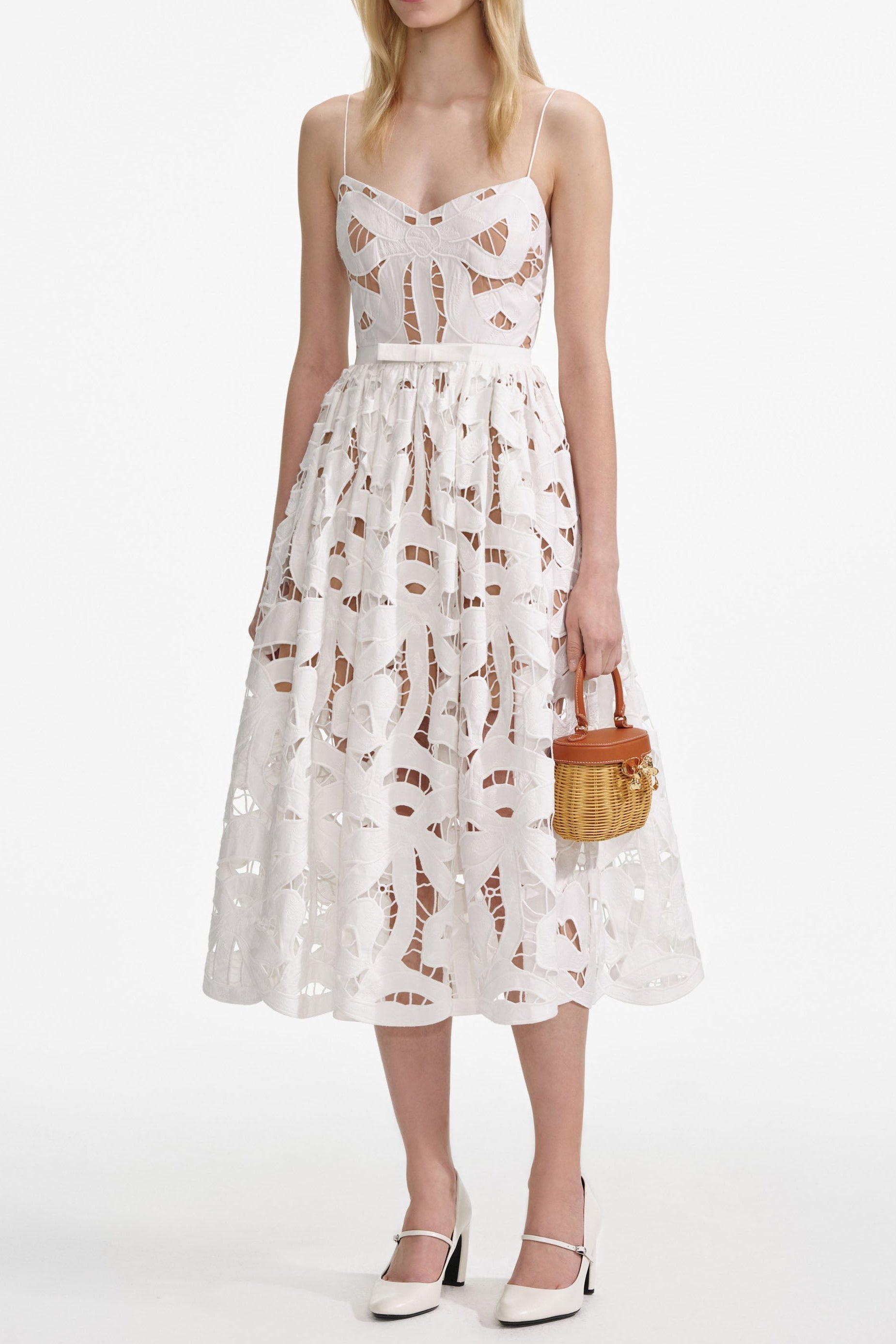 Xanthe White Bow Embroidered Midi Dress