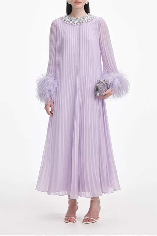 Lilac Chiffon Feather Midi Dress