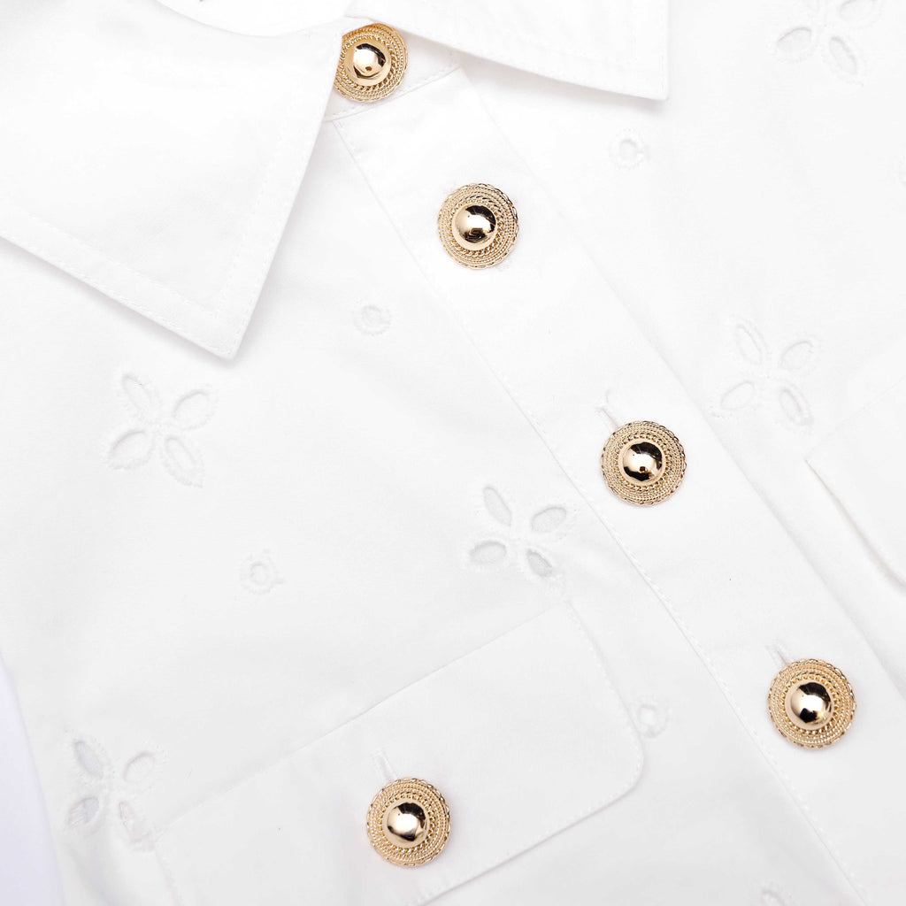 elsie White Cotton Broderie Collared Midi Dress