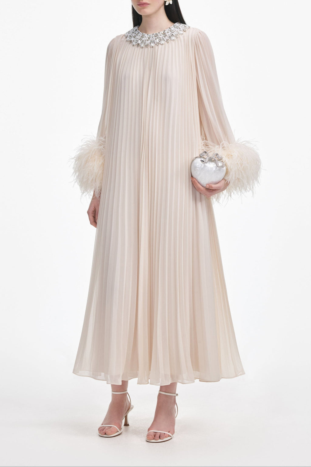 Cream Chiffon Feather Midi Dress