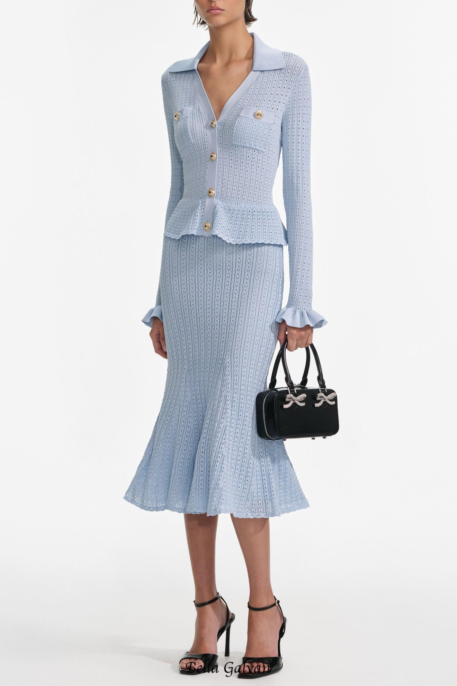 lillian Blue Pointelle Peplum Knit Midi Dress