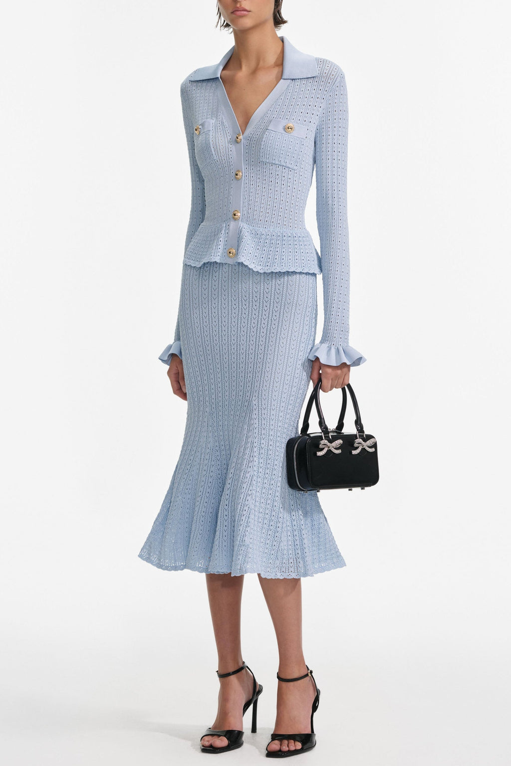 Flowering Girl Women Lillian Blue Pointelle Peplum Knit Midi Dress