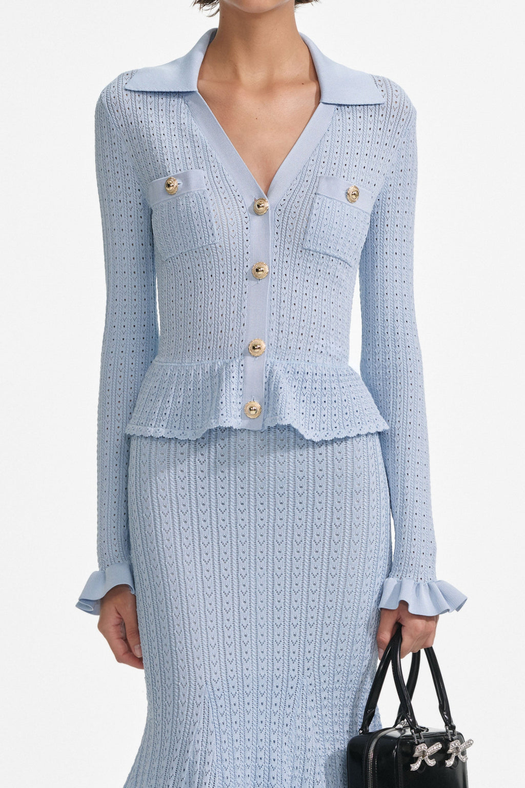 lillian Blue Pointelle Peplum Knit Midi Dress