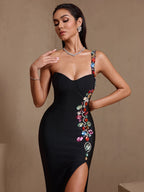 Vanessa Colorful Diamond Side Slit Bandage Maxi Dress In Black