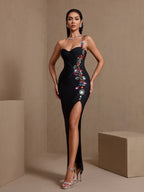 vanessa Colorful Diamond Side Slit Bandage maxi Dress in black