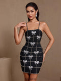 virginia Bowknot Crystal Grid Bandage Mini Dress in black