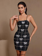 virginia Bowknot Crystal Grid Bandage Mini Dress in black