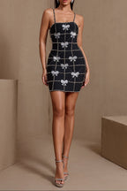 virginia Bowknot Crystal Grid Bandage Mini Dress in black