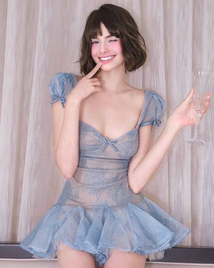 Flowering Girl Women Lace Embroidery Puffy Mini Dress In Blue