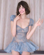 Flowering Girl Women Lace Embroidery Puffy Mini Dress In Blue