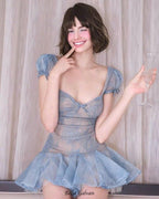 Lace embroidery puffy mini dress in blue