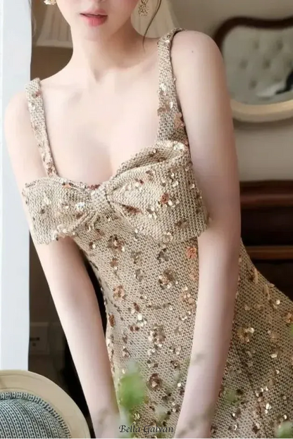 anila sequin bow slip mini dress in gold