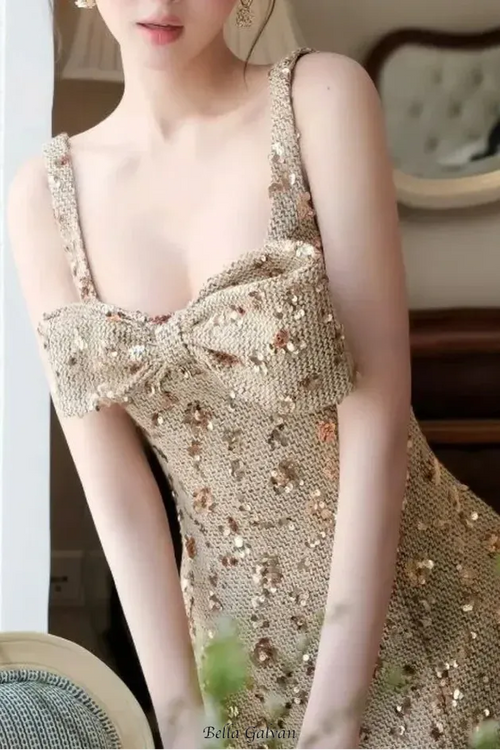 anila sequin bow slip mini dress in gold