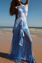 Fringe Mesh Ruched Maxi Dress
