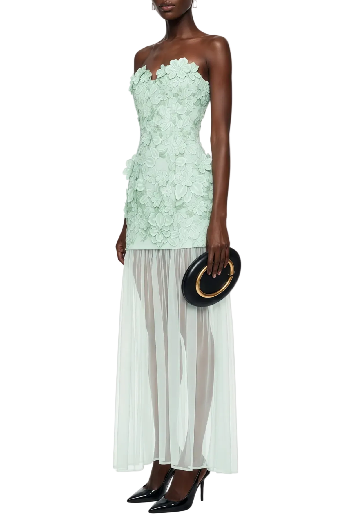 Flowering Girl Women Pansya Floral Embroidery Strapless Maxi Dress - Mint