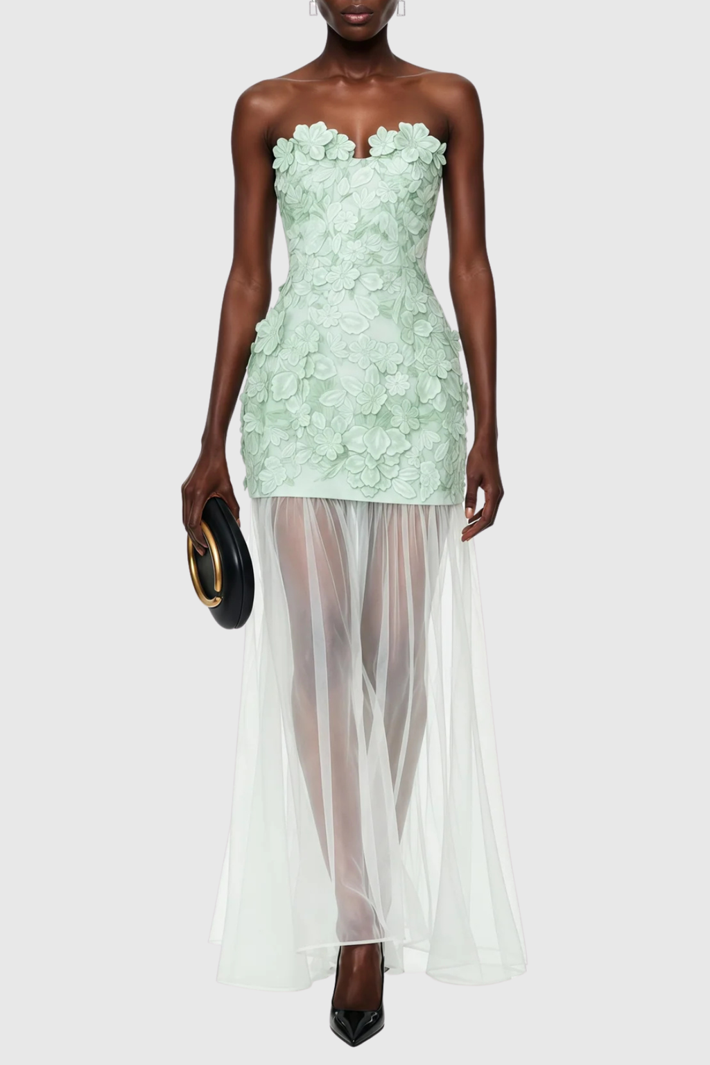 Flowering Girl Women Pansya Floral Embroidery Strapless Maxi Dress - Mint