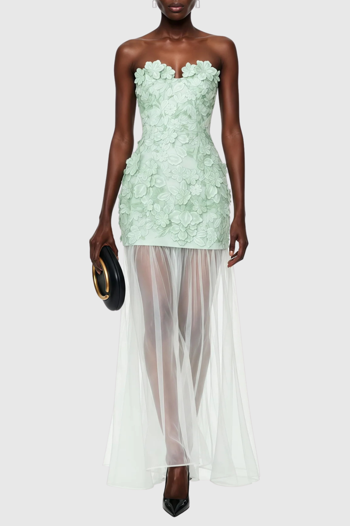 Flowering Girl Women Pansya Floral Embroidery Strapless Maxi Dress - Mint