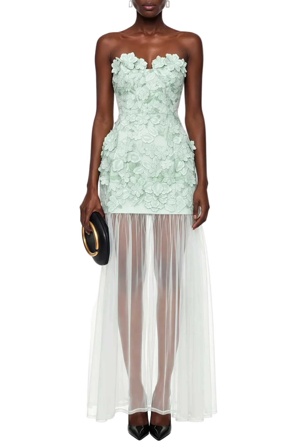 Flowering Girl Women Pansya Floral Embroidery Strapless Maxi Dress - Mint