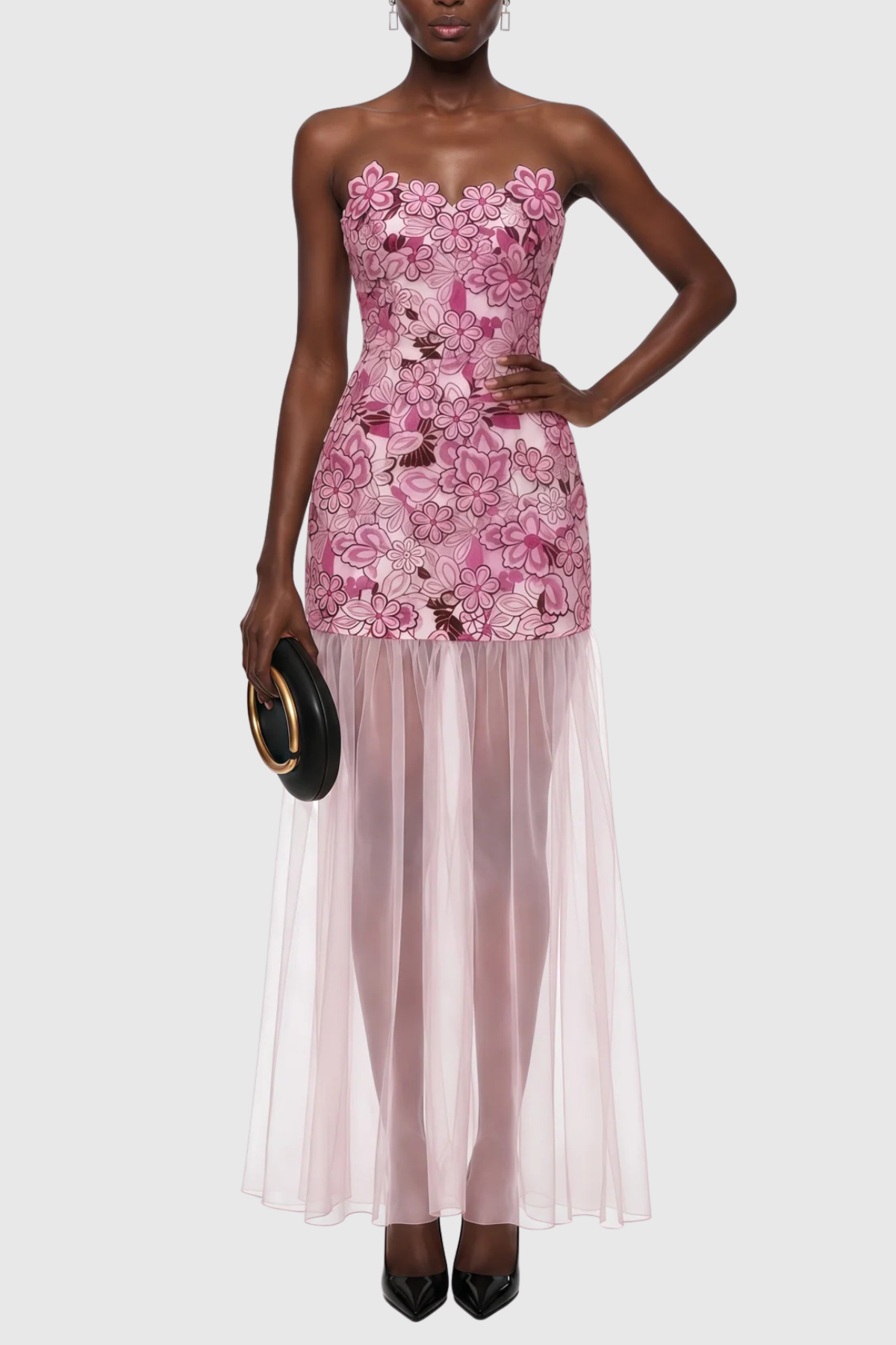Flowering Girl Women Pansya Floral Embroidery Strapless Maxi Dress - Pink