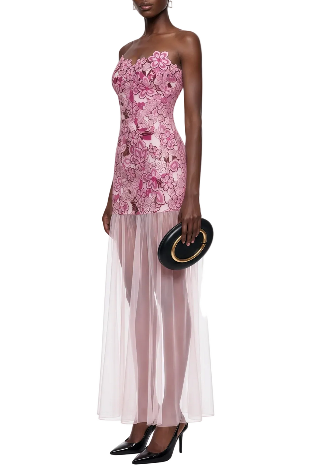 Flowering Girl Women Pansya Floral Embroidery Strapless Maxi Dress - Pink
