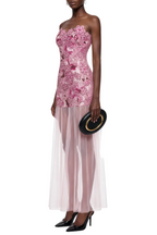Flowering Girl Women Pansya Floral Embroidery Strapless Maxi Dress - Pink