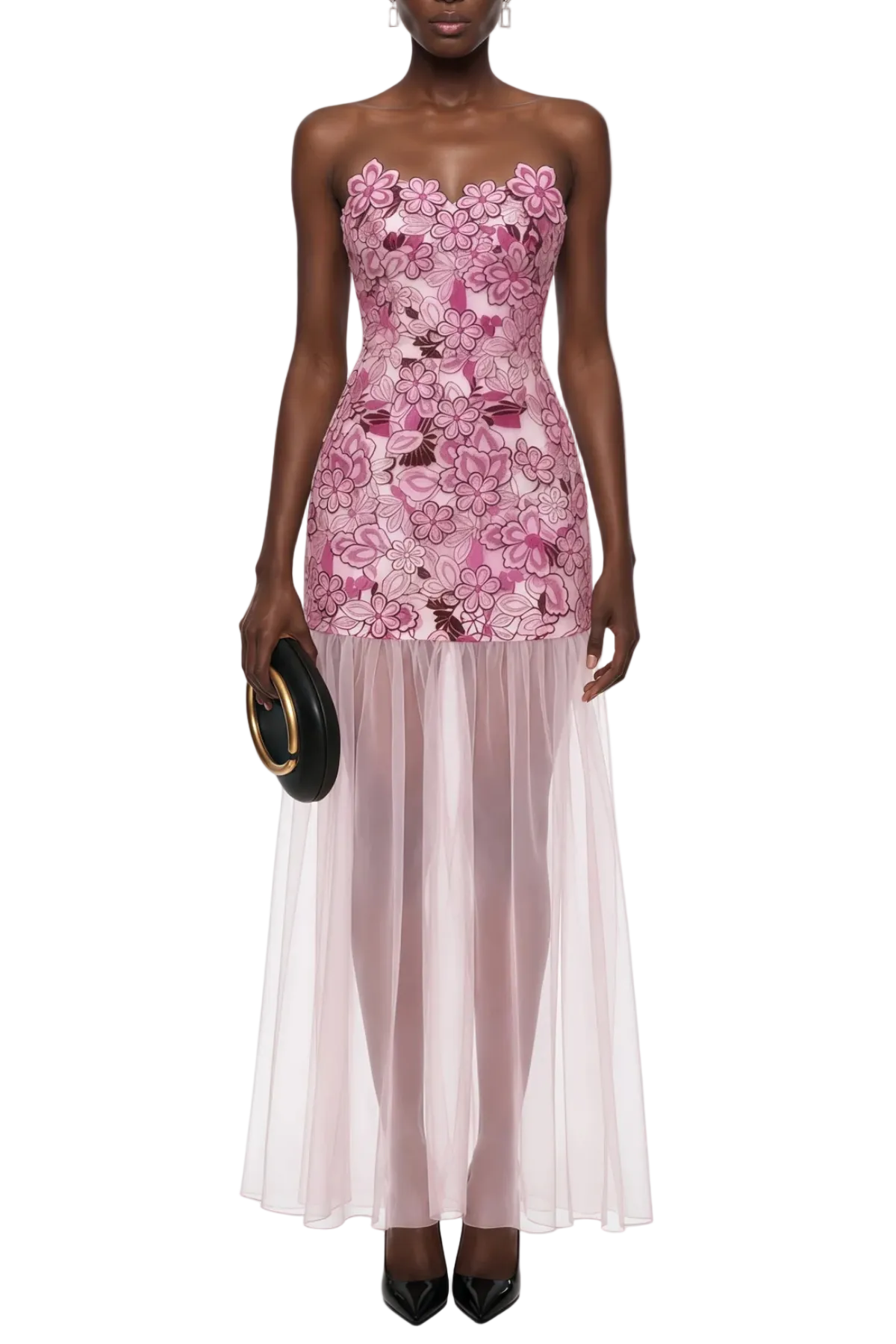 Flowering Girl Women Pansya Floral Embroidery Strapless Maxi Dress - Pink