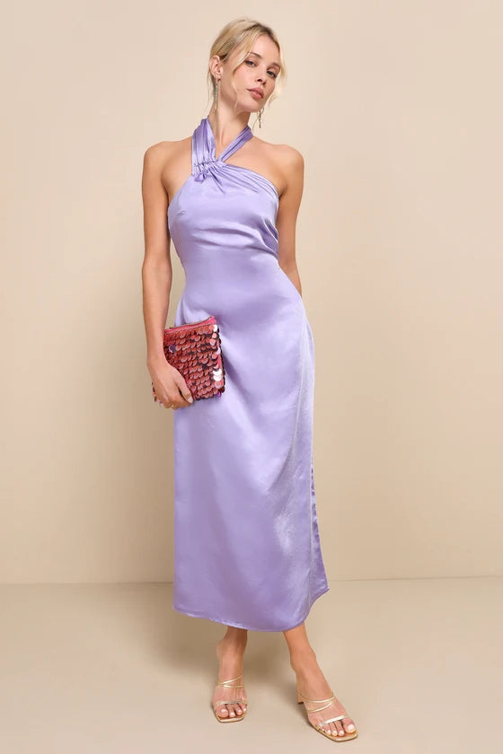 Flowering Girl Women Perfectly Sleek Lavender Satin Halter Slip Midi Dress
