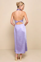 Flowering Girl Women Perfectly Sleek Lavender Satin Halter Slip Midi Dress