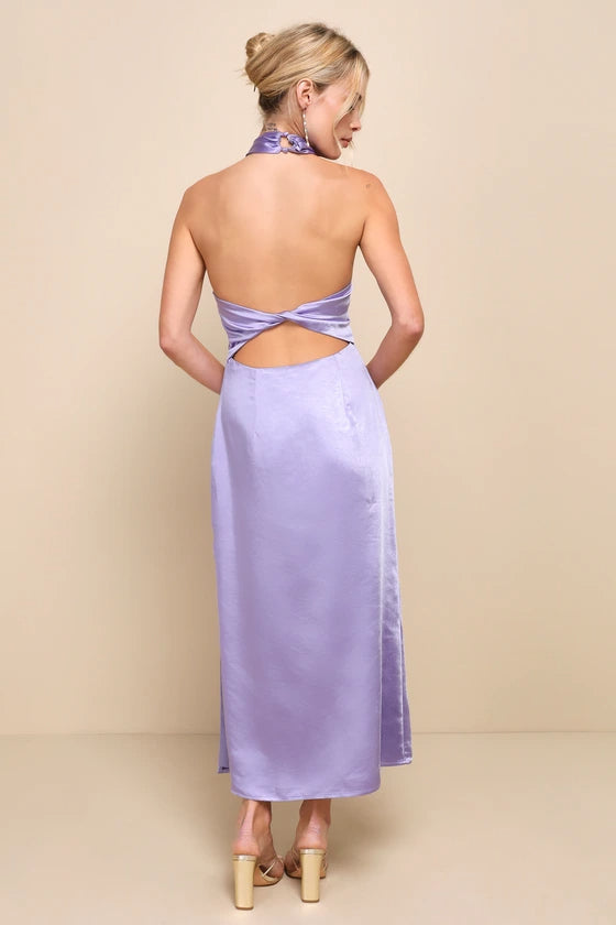 Flowering Girl Women Perfectly Sleek Lavender Satin Halter Slip Midi Dress