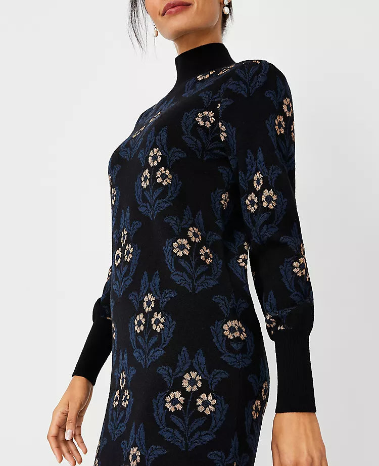 Flowering Girl Women Petite Floral Mock Neck Sweater Dress