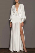 Flowering Girl Women Phoebe V-Neck Belted Slit Maxi Dress