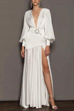 Flowering Girl Women Phoebe V-Neck Belted Slit Maxi Dress