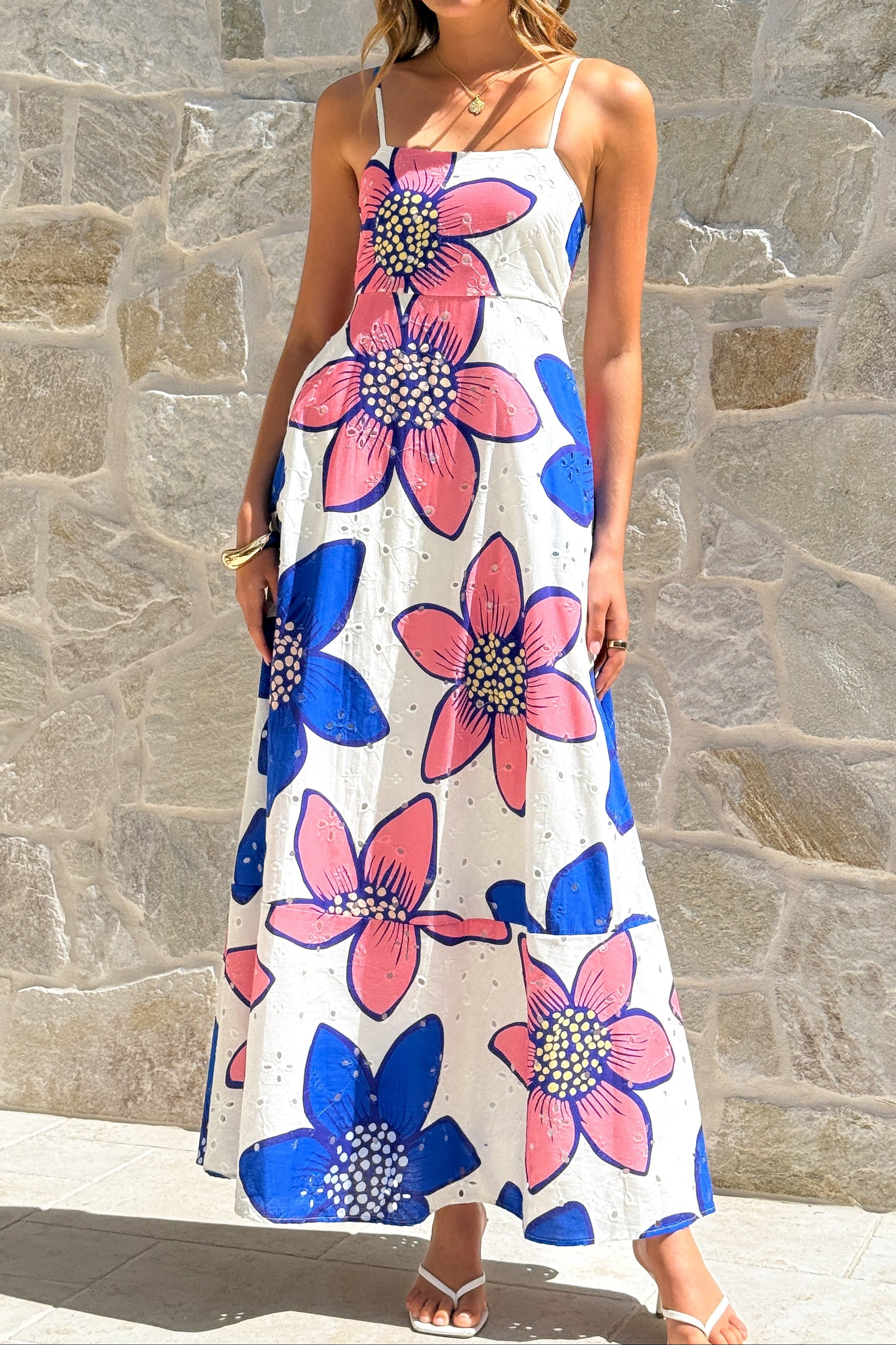 Flowering Girl Women penelope Botanic Blue-Pink Print Eyelet Maxi Dress