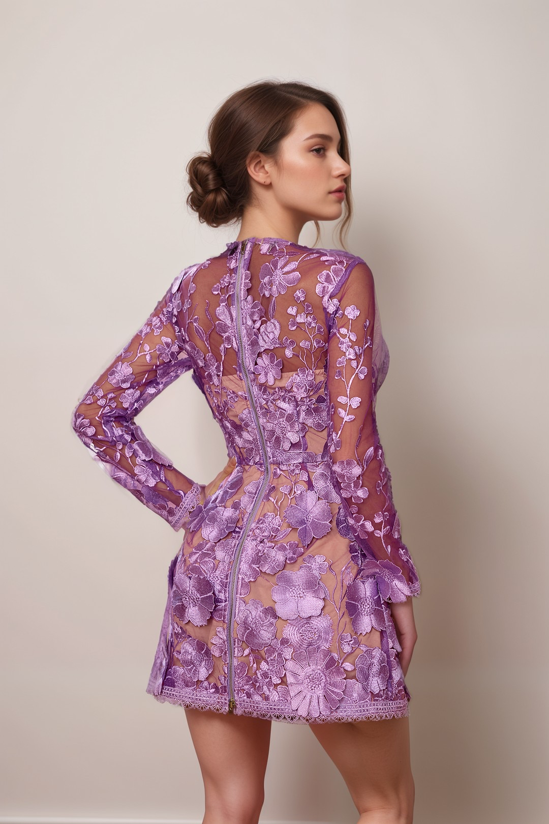 Flowering Girl Women Lilac Floral Lace Long Sleeve Mini Dress