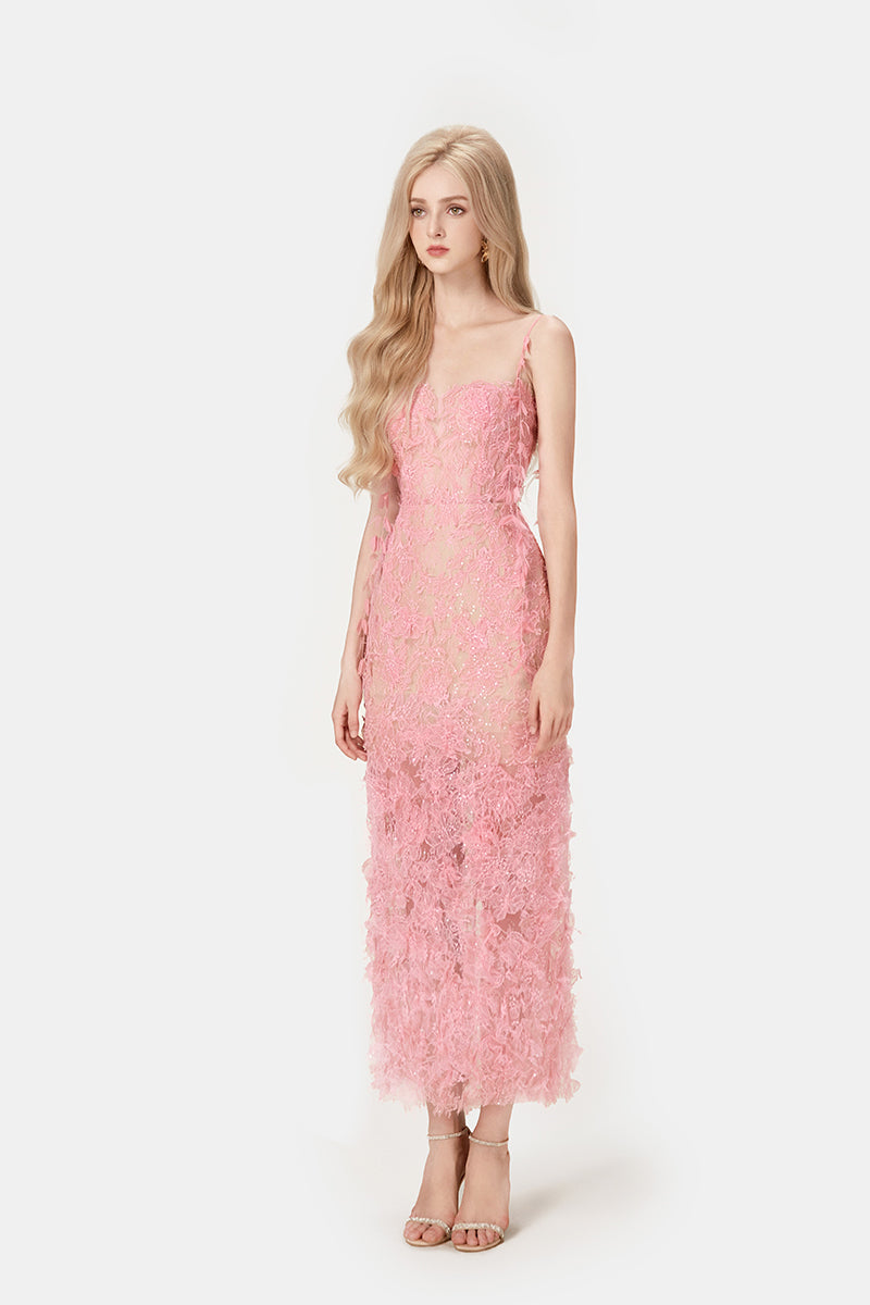 Flowering Girl Women PINK BEADED LACE PENCIL MIDI DRESS