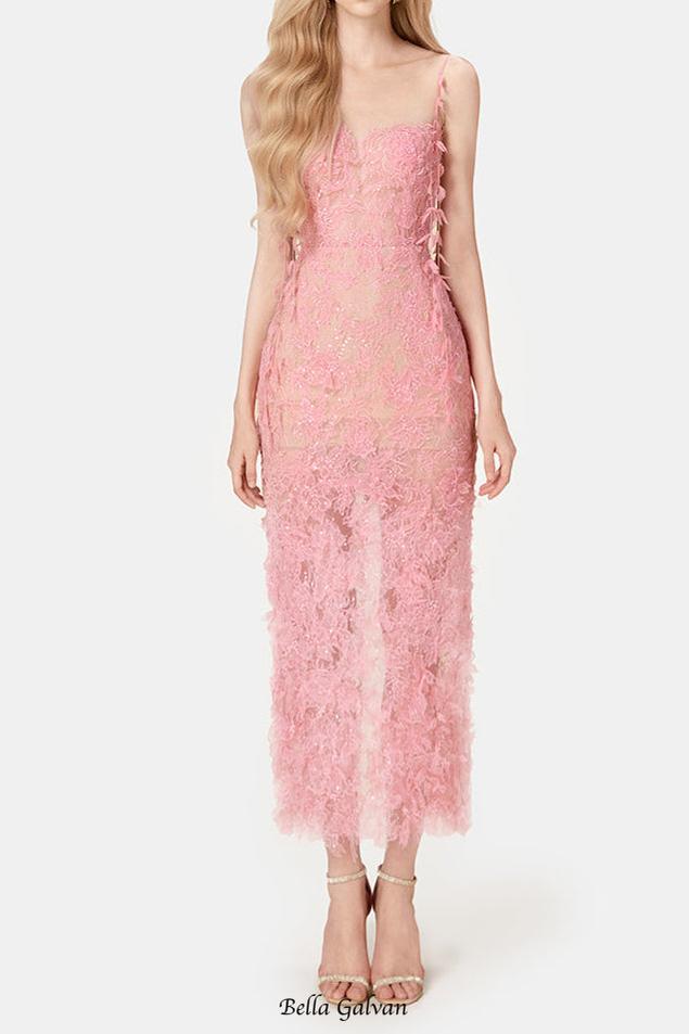Flowering Girl Women PINK BEADED LACE PENCIL MIDI DRESS