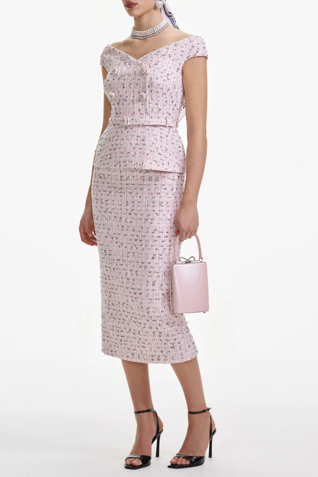 Flowering Girl Women Pink Boucle Pearl Midi Dress