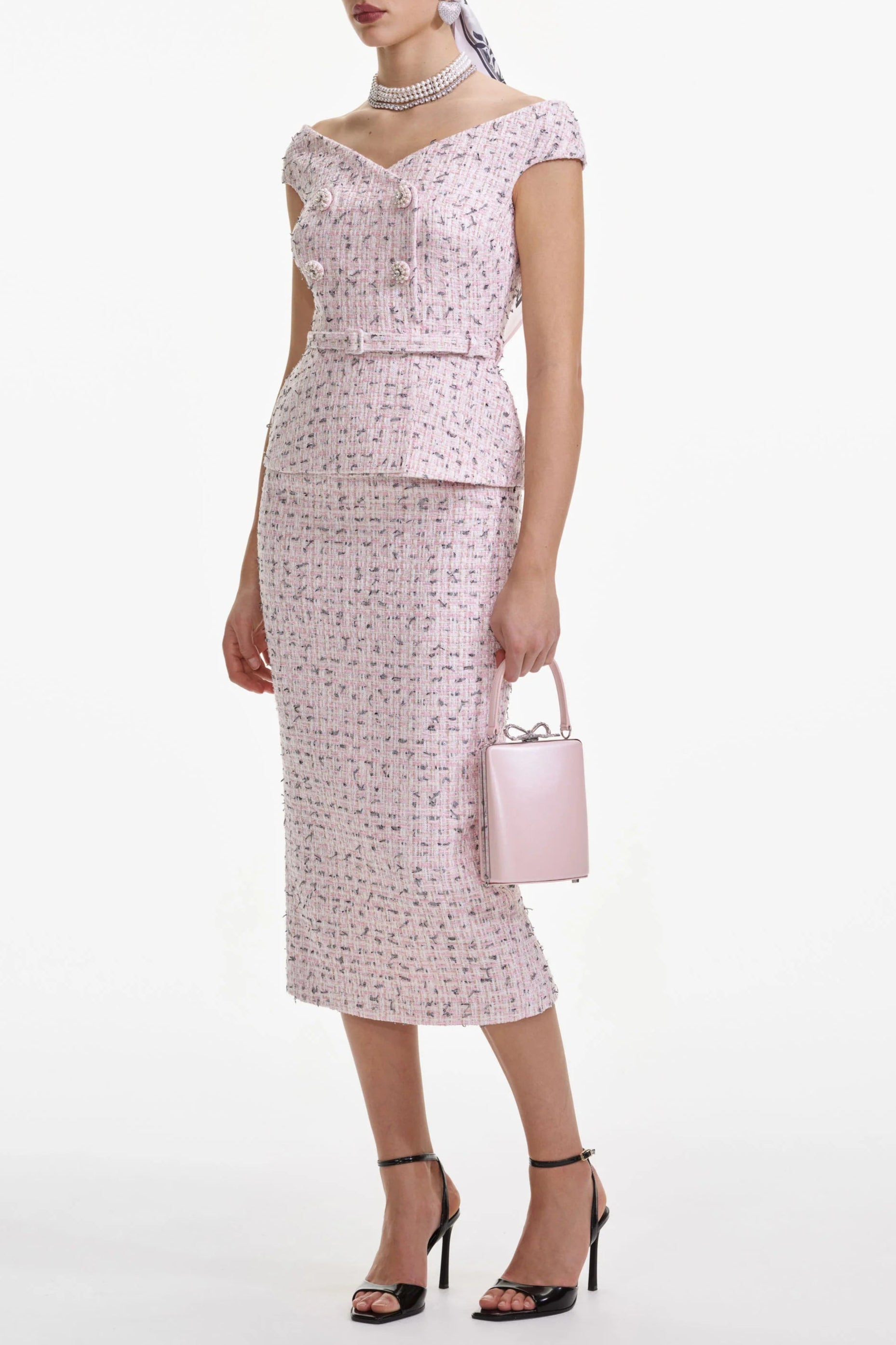 Flowering Girl Women Pink Boucle Pearl Midi Dress