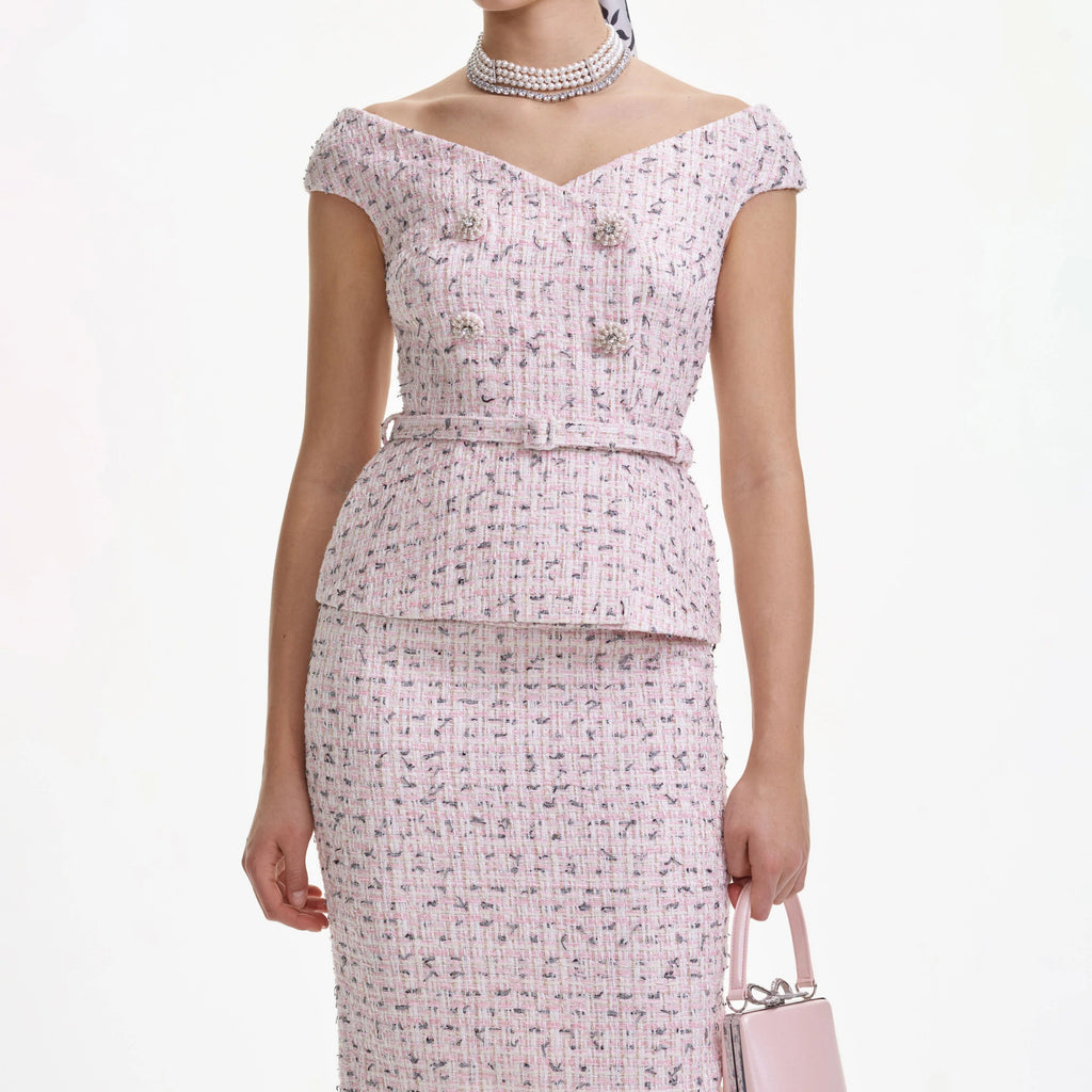 Flowering Girl Women Pink Boucle Pearl Midi Dress