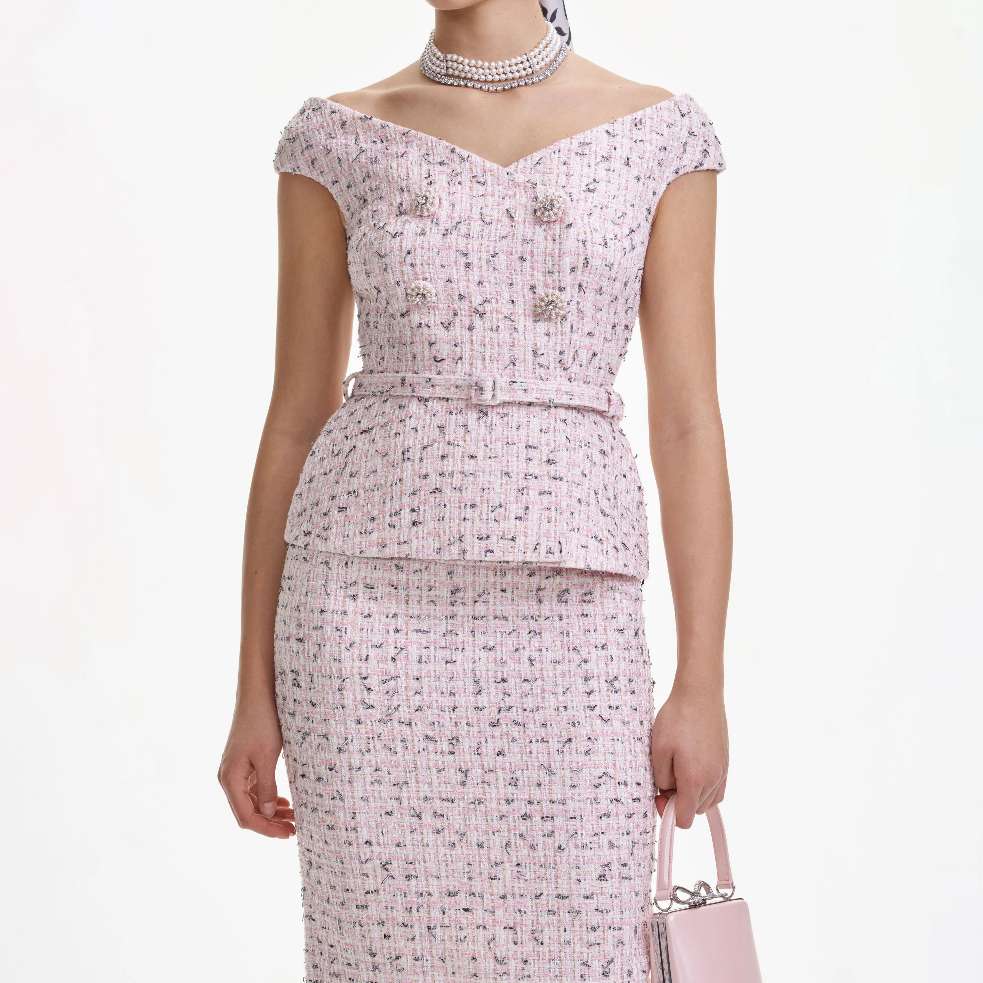 Flowering Girl Women Pink Boucle Pearl Midi Dress